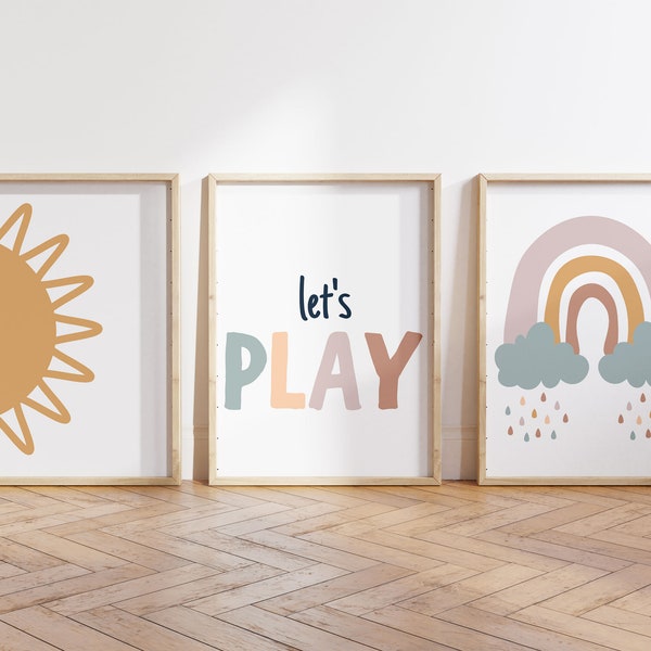 Vamos a jugar conjunto de 3 arte de pared imprimible de la sala de juegos / decoración de la pared de la sala de juegos, arte de la sala de juegos, decoración de la pared de los niños, decoración de la habitación del niño, sala de juegos para niños pequeños