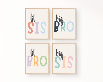 Big Bro Lil is, Big Brother, Little Sister Print Set of 4, Kids Wall Art, Children's Print Set, Poster, Sibling Decor, Shared Bedroom Prints