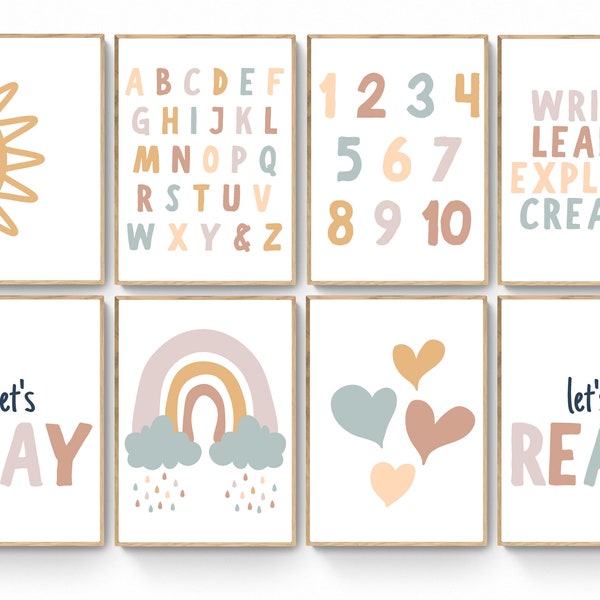 Playroom Wall Decor Set of 8 | Homeschool Posters, Homeschool Decor, Classroom Decor, Kids Room Decor, Let's Read Printable, ABC Poster