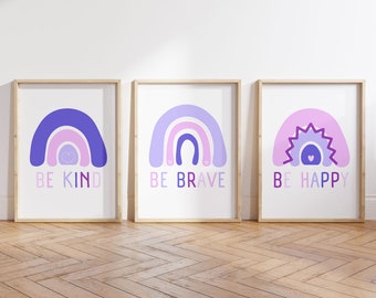 Be Kind Rainbow Set of 3 Playroom Printable wall art | Classroom Poster,  Kids Room Nursery Decor, Typography Poster, Purple Kids Room art
