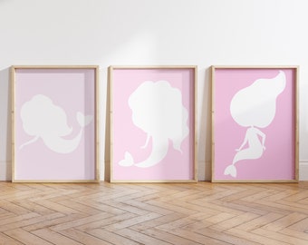 Ensemble de 3 art mural imprimable sirène rose | Décoration de chambre de filles, art mural boho, art pour filles, art de digue, chambre sur le thème de l’océan, filles célestes
