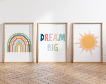 Set of 3 Playroom Printable wall art | Kids Rainbow Playroom Decor, Sun Playroom Print, Dream big Playroom Decor, Colorful Nursery Wall Art