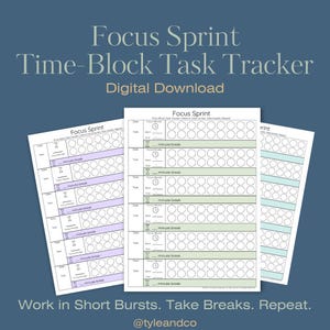 Może przedstawiać: Trzy arkusze do druku Focus Sprint Time-Block Task Tracker. Arkusze są białe z jasnofioletowym, zielonym i niebieskim wzorem. Tekst na arkuszach zawiera "Focus Sprint", "minute break" i "Work in Short Bursts. Take Breaks. Repeat."