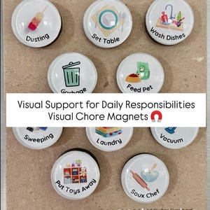 May include: A set of round chore magnets with illustrations and text for daily tasks like dusting, setting the table, and washing dishes. The text "Chore Routine Set" and "Visual Chore Magnets" are also visible.
