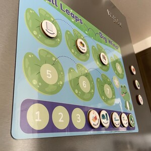 May include: A magnetic chore chart with the words "Small Leaps Big Wins!" on a refrigerator. The chart features lily pads with numbers and icons, and wooden magnets with task illustrations. A green frog is on the right side of the chart.