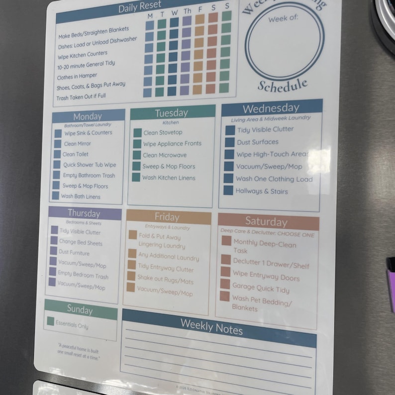 May include: A white magnetic chore chart with a daily reset checklist and a weekly schedule. The chart is divided into sections for each day of the week, with specific tasks listed for each day. The chart includes a section for weekly notes.
