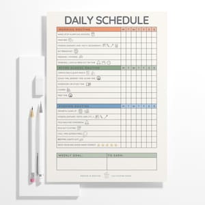 May include: A daily schedule notepad with sections for morning, after-school, and evening routines. The notepad includes checkboxes for each day of the week and a section to rate the day. A pencil, eraser, and pen are next to the notepad.