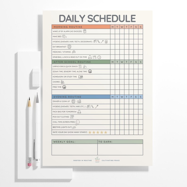 May include: A daily schedule notepad with sections for morning, after-school, and evening routines. The notepad includes checkboxes for each day of the week and a section to rate the day. A pencil, eraser, and pen are next to the notepad.