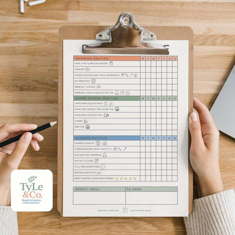 May include: A clipboard with a printed daily routine checklist. The checklist is divided into morning, after-school, and evening sections, with checkboxes for each task. The clipboard is held by a person.