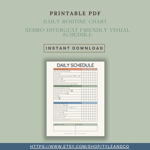 May include: A printable PDF daily routine chart with a neuro-divergent friendly visual schedule. The chart includes sections for morning, after-school, and evening routines, with space to track daily tasks. The words "Instant Download" are also visible.