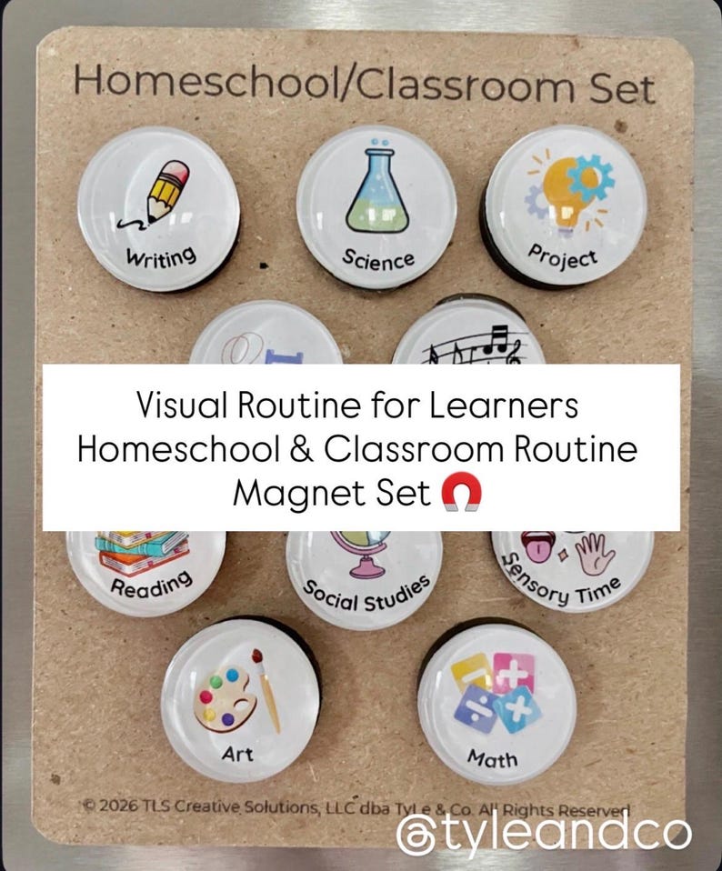 May include: A set of nine round magnets with various educational themes. Each magnet features a different icon and word, including "Writing," "Science," "Project," "Reading," "Social Studies," "Art," and "Math." The text "Visual Routine for Learners" is also present.