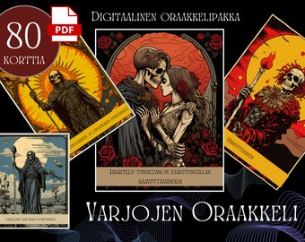 Peut inclure: Un jeu d'oracle numérique de 80 cartes illustrant des squelettes dans différentes poses. Les cartes sont intitulées "Varjojen Oraakkeli", ce qui se traduit par "Oracles des Ombres".