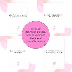 Puede incluir: Conjunto de 50 citas inspiradoras para ayudarte a seguir adelante durante tu viaje de infertilidad. Las citas están impresas en tarjetas rosas y blancas con un corazón rosa en la parte inferior de cada tarjeta.