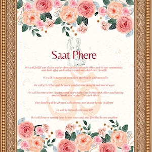 Puede incluir: Una ilustración de acuarela de una ceremonia de boda con flores rosas y el texto "Saat Phere". El texto debajo de la ilustración describe los votos de la ceremonia de boda.