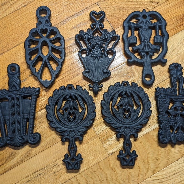 Vintage Black Cast Iron Footed Trivet - Milton Grain Tassel Eagle Grape Scroll Double Heart Dumb Dutch