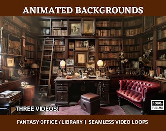 Fantasy Office / Library Animated Backgrounds Set of 3 - Elegantly Animated | Twitch Stream, OBS  TV Vtuber broadcast Obs Zoom backdrop