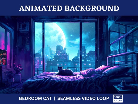 Cyberpunk Bedroom Cat Night Sky Animated Background Video 