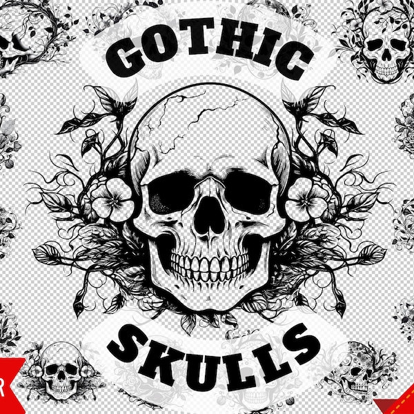 Gothic Skulls 12 image Clip Art Bundle Vector SVG PNG JPG Cricut | vines leaves transparent download