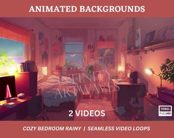 Lofi Cozy Bedroom Rainy Animated Background Videos - Set of 2 - Seamless Looping Backdrop OBS Twitch Stream Vtuber
