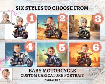 Baby Motorcycle Caricature Personalized Portrait | From Photo Custom Digital Art | Unique Gift Printable | From Photo Nursery Wall Decor