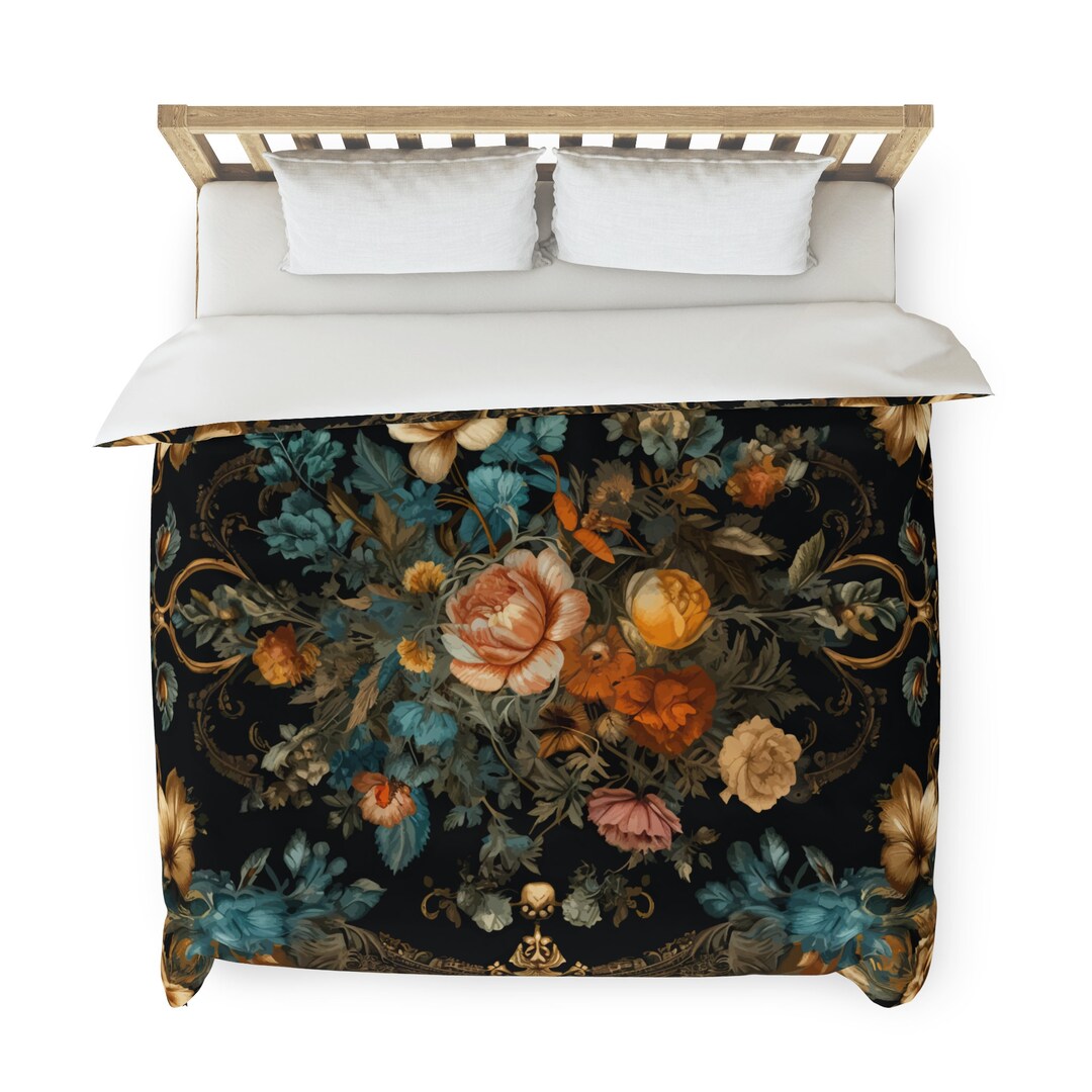 Black Floral Duvet Cover Rococo Baroque Etsy