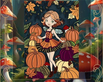 Niedliche Herbst und Halloween Fee Ausmalseite für Kinder und Jugendliche. Herbst Ausmalbilder.