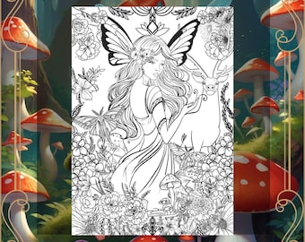 Hand drawn, hand crafted. Butterfly Fairy with Majestic Stag colouring page for relaxation, enjoyment, mindfulness, adults and kids.