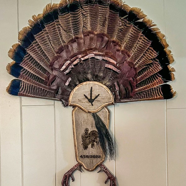 Custom Laser Engraved Photo Turkey Fan and Beard Mount - Choice of Barnwood or Oak / Cherry wood.