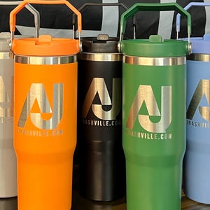 Custom laser engraved IceFlow style 30oz tumbler - Replica Stanley Style - Custom Logo Engraved - Spillproof bottle