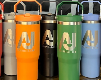 Custom laser engraved IceFlow style 30oz tumbler - Replica Stanley Style - Custom Logo Engraved - Spillproof bottle