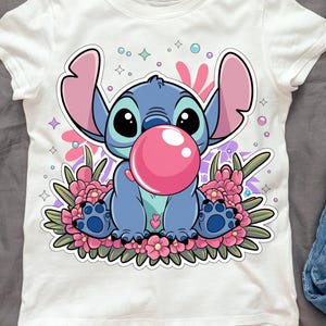 1 PNG Stitch Bubble Gum and Flowers, Clipart Images, Digital design PNG file for sublimation, High Resolution, Stitch Sticker PNG Download