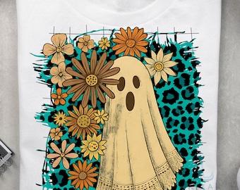 Leopard Ghost Halloween PNG: Girly Boho Floral Fall Design (Digital Download)