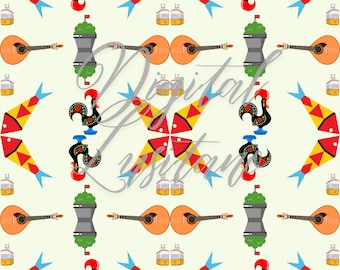 Portuguese Tile Seamless Pattern: Rooster, Sardines, Tram 28 (PNG Digital Download)