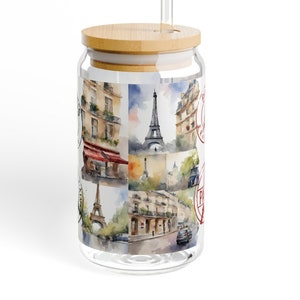 Emballage de verre Tour Eiffel de 16 oz, carte postale Paris aquarelle PNG numérique, UVDTF Libbey Glass 16 oz peut emballer, modèle numérique sans couture PNG