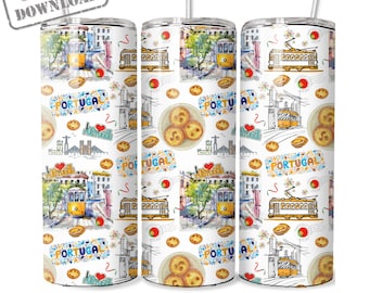 Portugal Icons Tumbler Sublimation Design: Tram 28, Pastel de Nata (Digital Download)