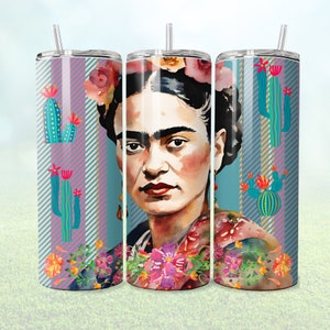 20 oz Skinny Tumbler Frida Khalo Cactus, Frida Seamless Pattern for 20oz tumbler Sublimation, Mexican pop art inspiration, Frida Lovers