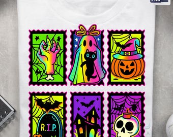 Neon Halloween Stamps PNG: Retro Spooky Ghost Designs (Digital Download)