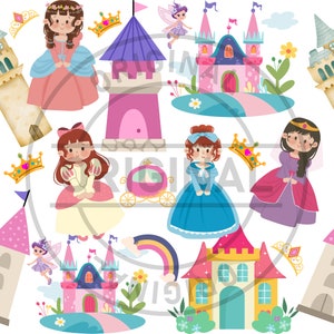 Princess and Castle Seamless Pattern: Kids Digital Art (PNG)