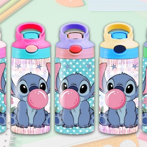 May include: Set of six colorful water bottles with a blue cartoon character design. Each bottle features a different color lid and a blue character with a pink bubble. The bottles have a star pattern background.
