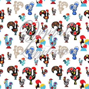 May include: A seamless pattern featuring colourful rooster illustrations. The roosters are depicted in a traditional Portuguese style, with intricate details and vibrant colours. The background is white, creating a clean and modern look.
