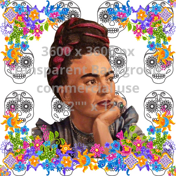 Frida Kahlo Inspired Seamless Pattern, Flowers and Skulls - Digital Download for Commercial Use