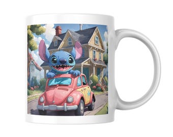 Stitch on Car Cartoon PNG: Mug Sublimation Wrap (Digital Download, 2475x1155 px)