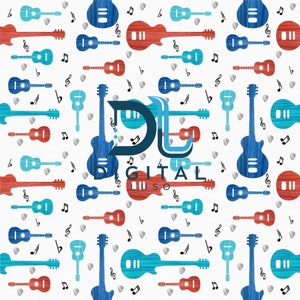 Naadloos patroon elektrische gitaar: blauwe muzieksublimatie (digitaal png-bestand)