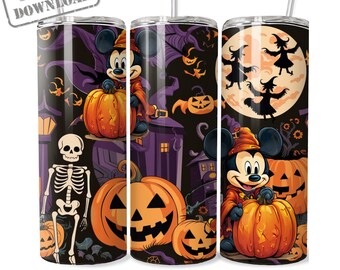 Mickey Halloween Tumbler PNG Wrap: Magical Pumpkins & Ghost (Digital Download 20oz Skinny Tumbler Design)