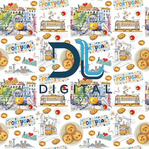 May include: A seamless pattern featuring watercolor illustrations of Portuguese pastries, trams, and buildings. The pattern is on a white background and includes the text "PORTUGAL" and "I love Portugal".