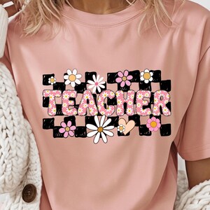 Retro Floral Teacher Shirt PNG: Checkered Design (Digital Download)
