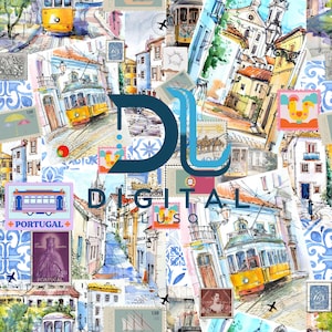 Op de afbeelding: Een kleurrijke collage van aquarel illustraties met vintage postzegels, een gele tram en gebouwen in Lissabon, Portugal. De tekst "DIGITAL LUSÓFONA" is zichtbaar in het midden van de afbeelding.