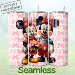 May include: A pink and white tumbler with a seamless design featuring Mickey and Minnie Mouse holding a bouquet of flowers. The background is a pattern of pink butterflies.