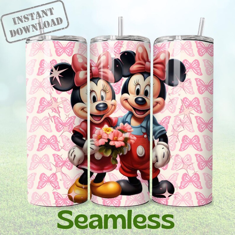 May include: A pink and white tumbler with a seamless design featuring Mickey and Minnie Mouse holding a bouquet of flowers. The background is a pattern of pink butterflies.