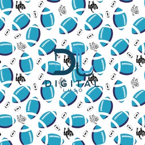 May include: A seamless pattern featuring blue and white footballs, small black footballs, and black and white illustrations of football players. The text "DIGITAL LUSO" is in the centre of the pattern.